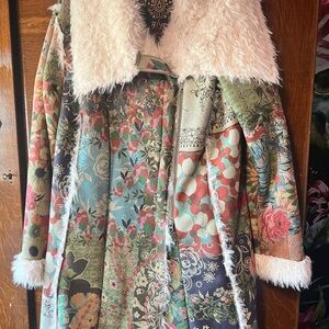 Johnny Was Floral Patchwork Coat with Faux Fur Collar